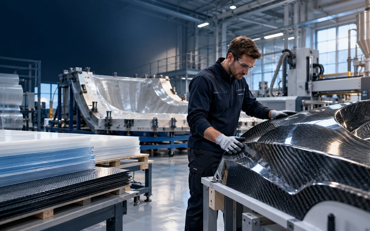 Komposittdel kontrolleres i plastproduksjon