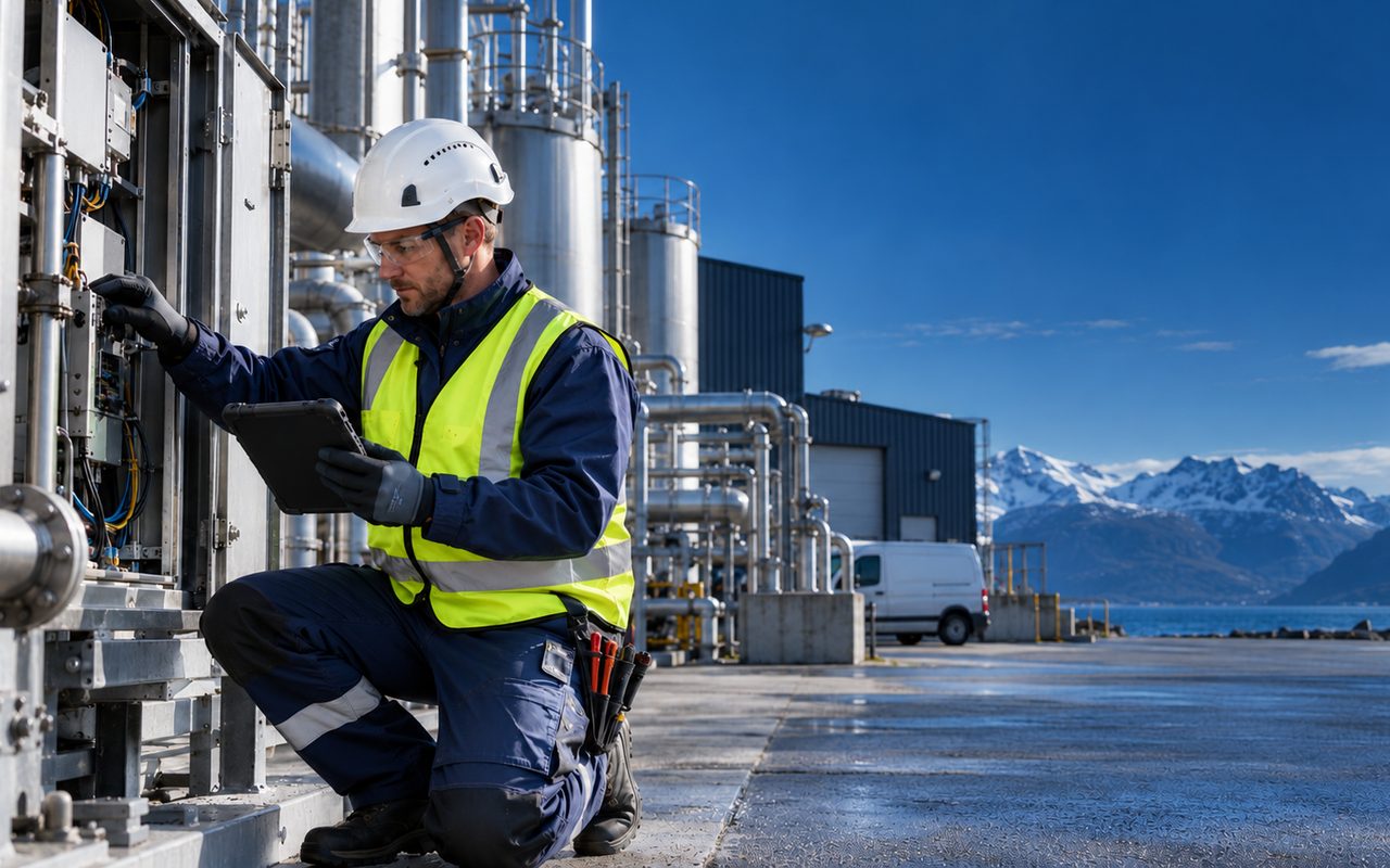 Servicetekniker med nettbrett ved industrimaskin